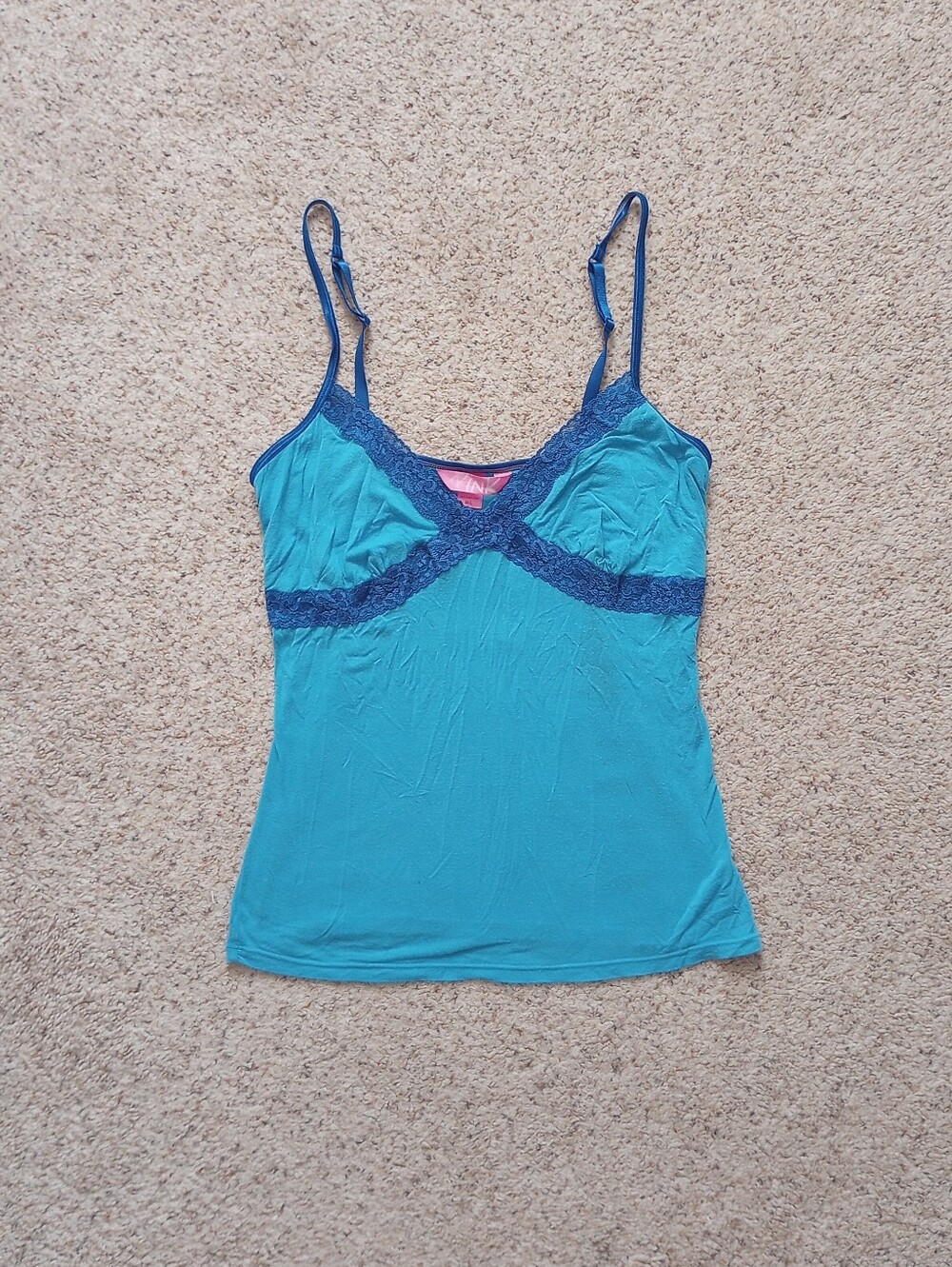 PINK Victoria's Secret Blue Cami Lace Trim Tank Top 2005 Y2K Medium/Large